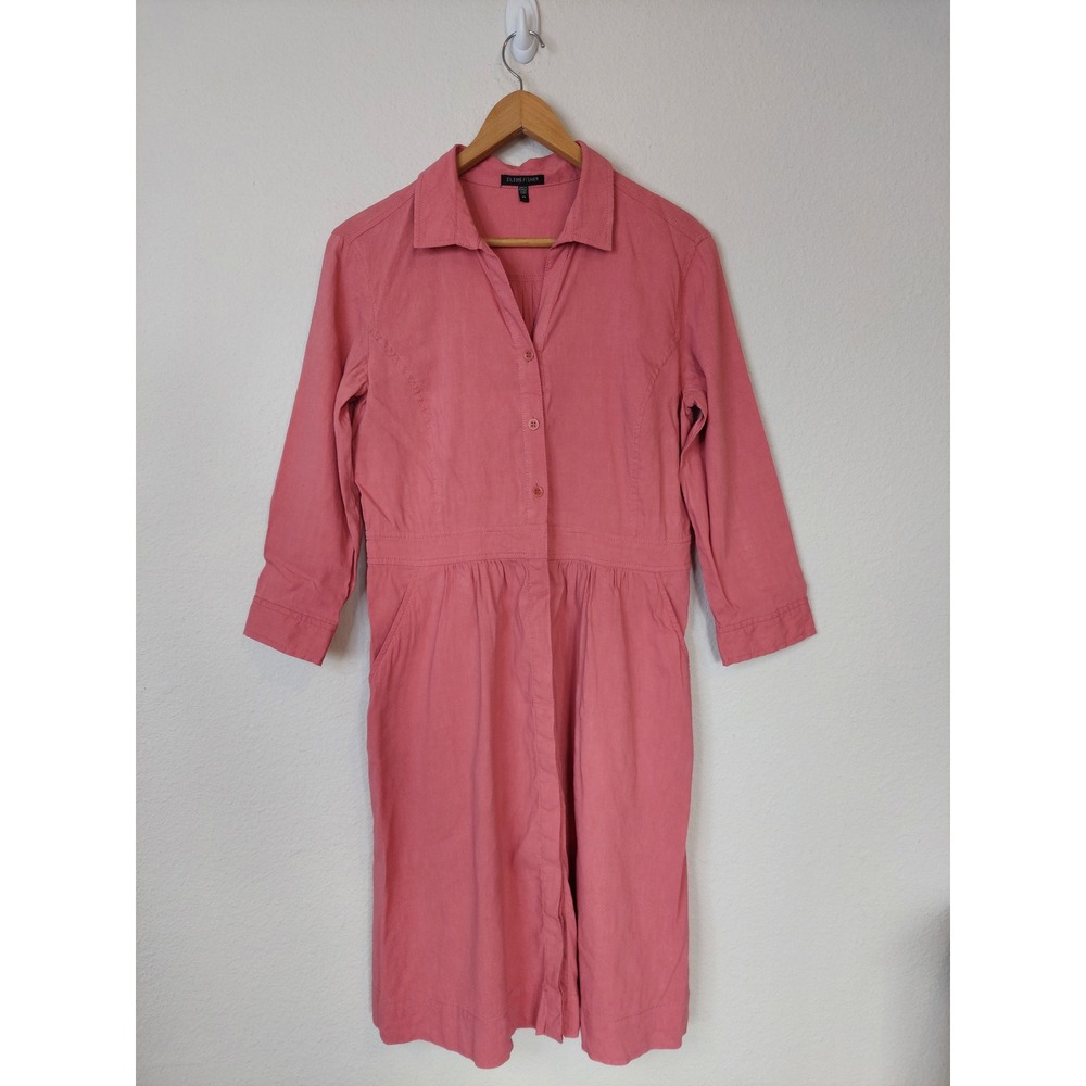 Eileen Fisher Italian Linen Blend Shirt‎ Dress Coral Pink Midi Size XS